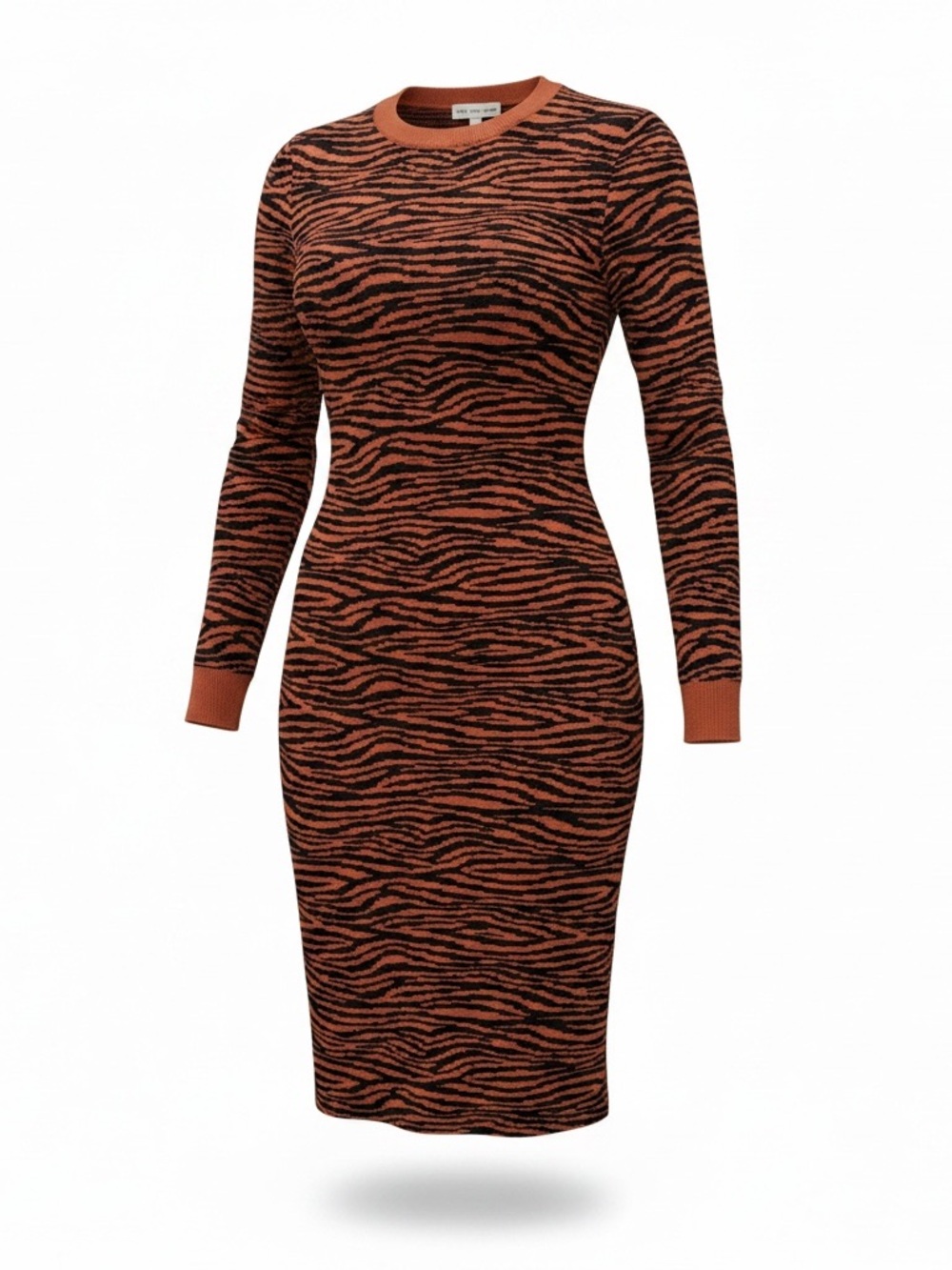 Express x Negin Mirsalehi Long Sleeve Zebra Knit Midi Dress in Rust and Black Sm
